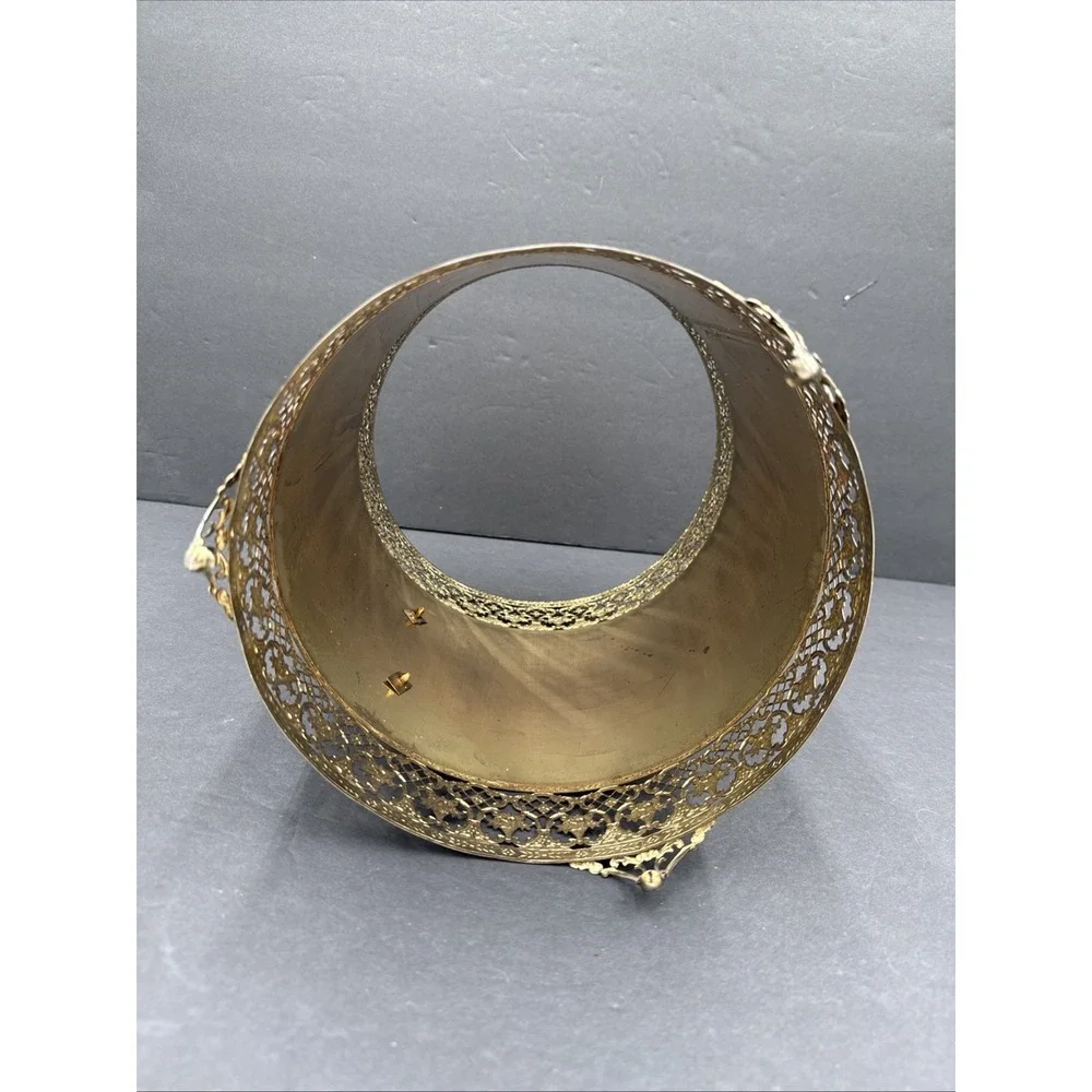 Vtg Hollywood Regency‎ Gold Tone Filigree Trash Basket Can Plastic Liner MCM